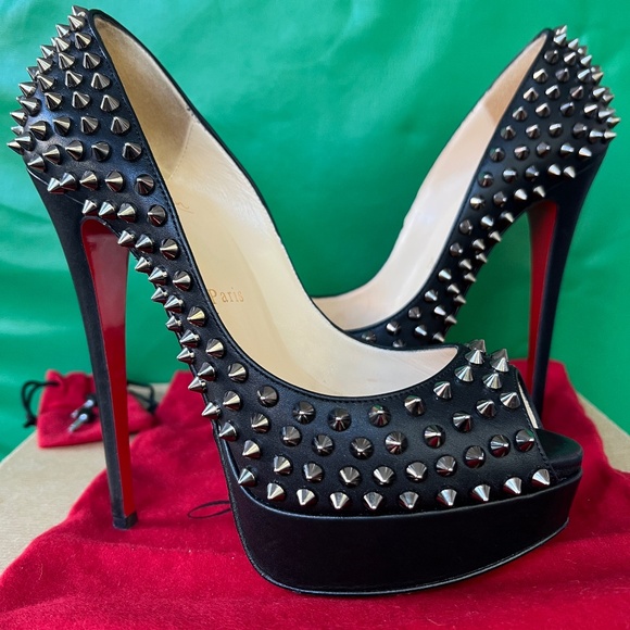 Christian Louboutin ‘Lady Peep Spike’ Napa Leather BLACK- 37.5 - Picture 1 of 6